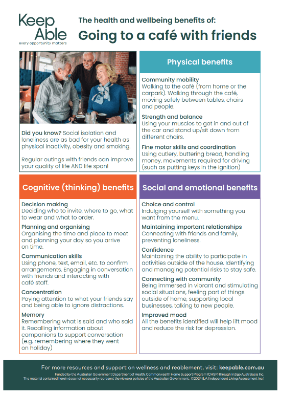 Leaflet explaining the healthy ageing benefits of going to a cafe with friends