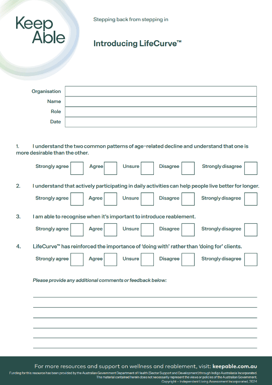 A picture of a feedback sheet for a presentation about the LifeCurve